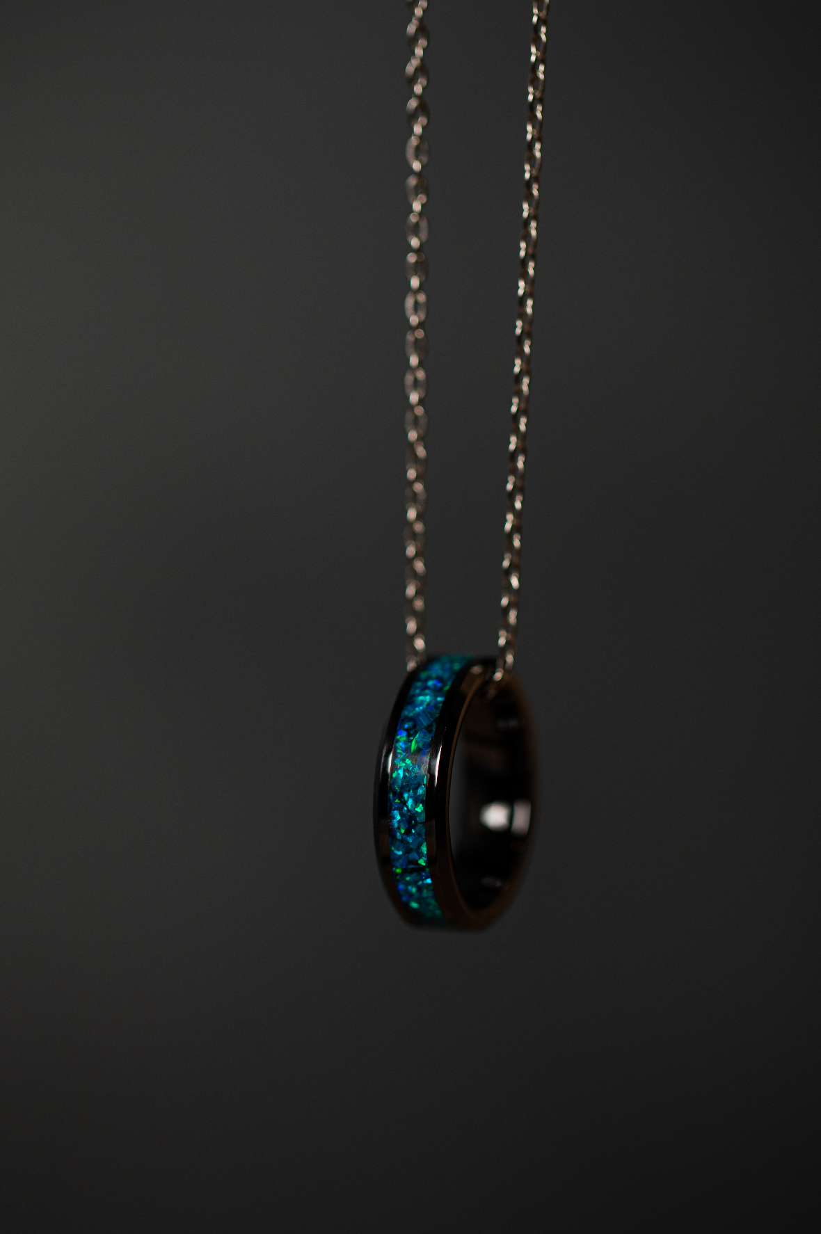 Ocean Blue Opal on Black Ceramic Cremation Ring Singapore