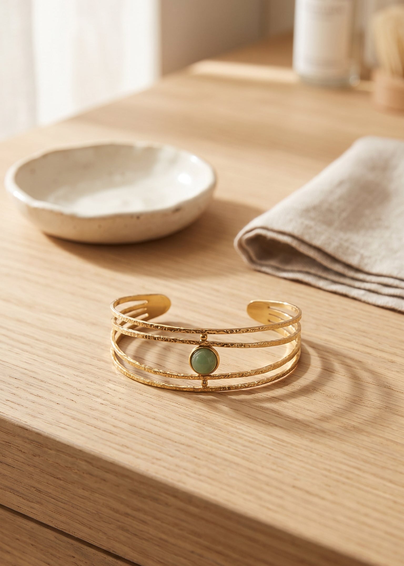 personalised keepsake bracelet Singapore gold plated cuff with green stone