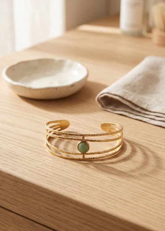 personalised keepsake bracelet Singapore gold plated cuff with green stone