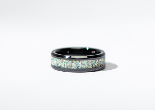 Pearl White Opal on Black Ceramic Cremation Ring Singapore